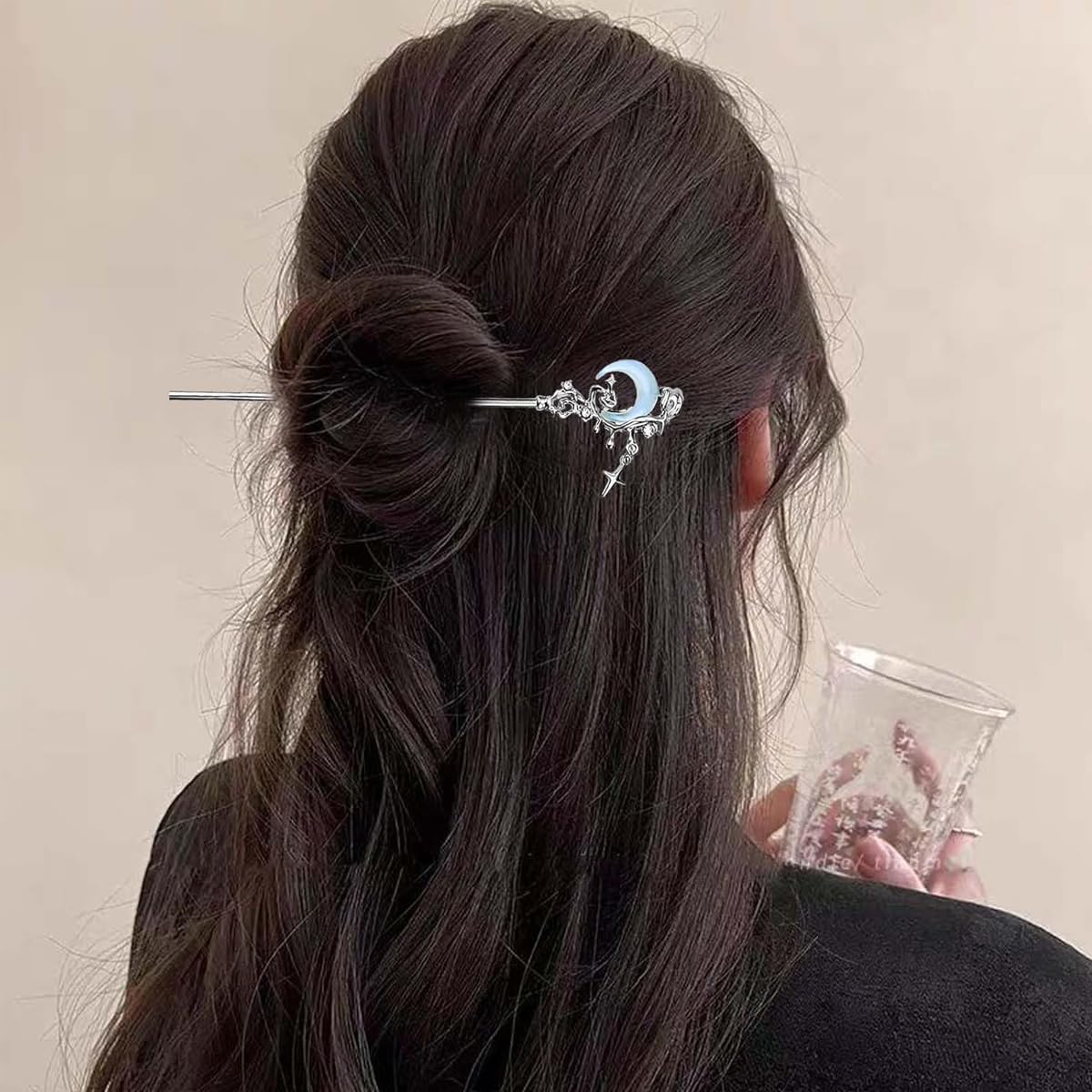 SANNIDHI Hair Sticks for Bun with 7 in Crescent Star Charm Metal Alloy Design | Women Updo Accessory