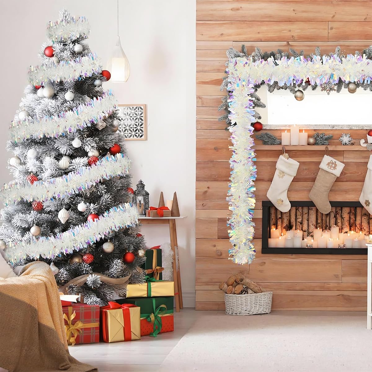 HASTHIP Christmas Tinsel Garland for Holiday Decor with 16.4ft Metallic Shine White