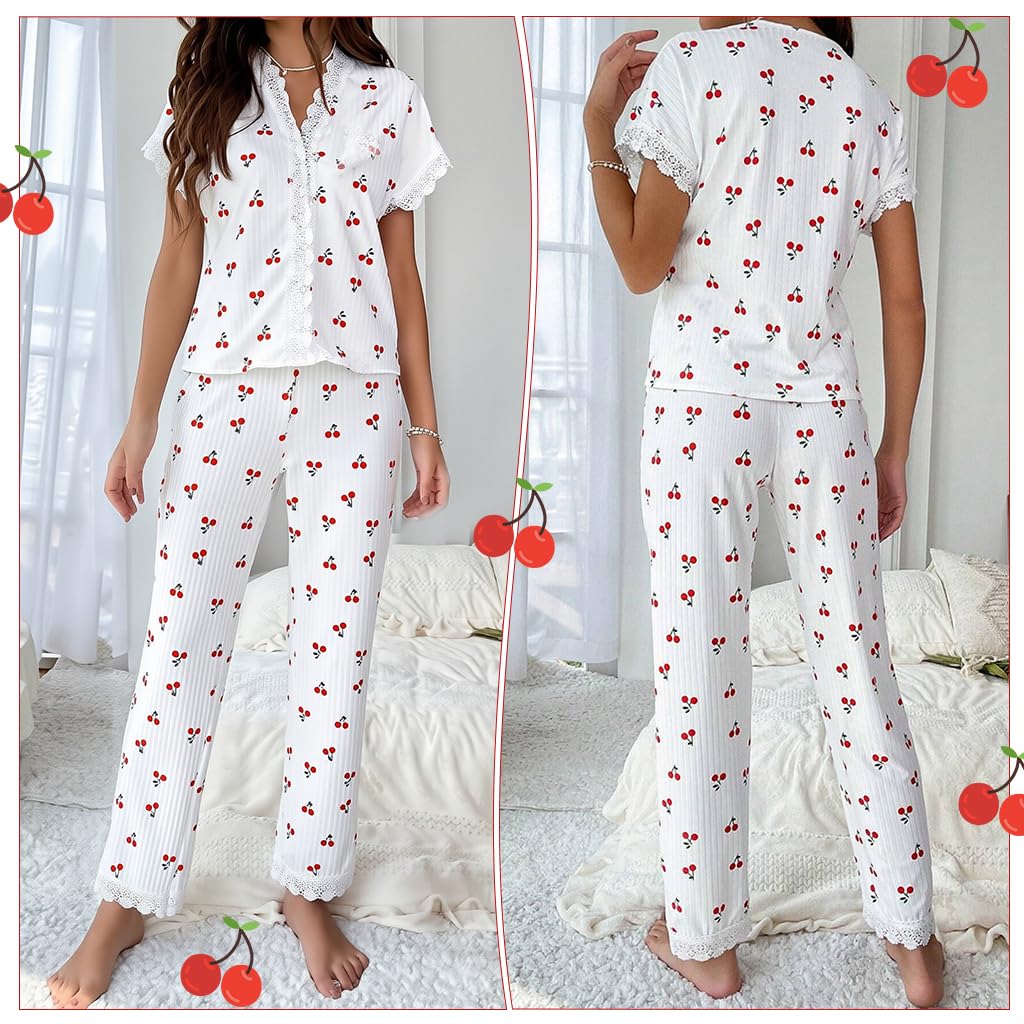 SANNIDHI Pajama Set for Women featuring Sweet Cherry Print and V-Neck Lace Edge | Soft Sleepwear for Home and Lounge