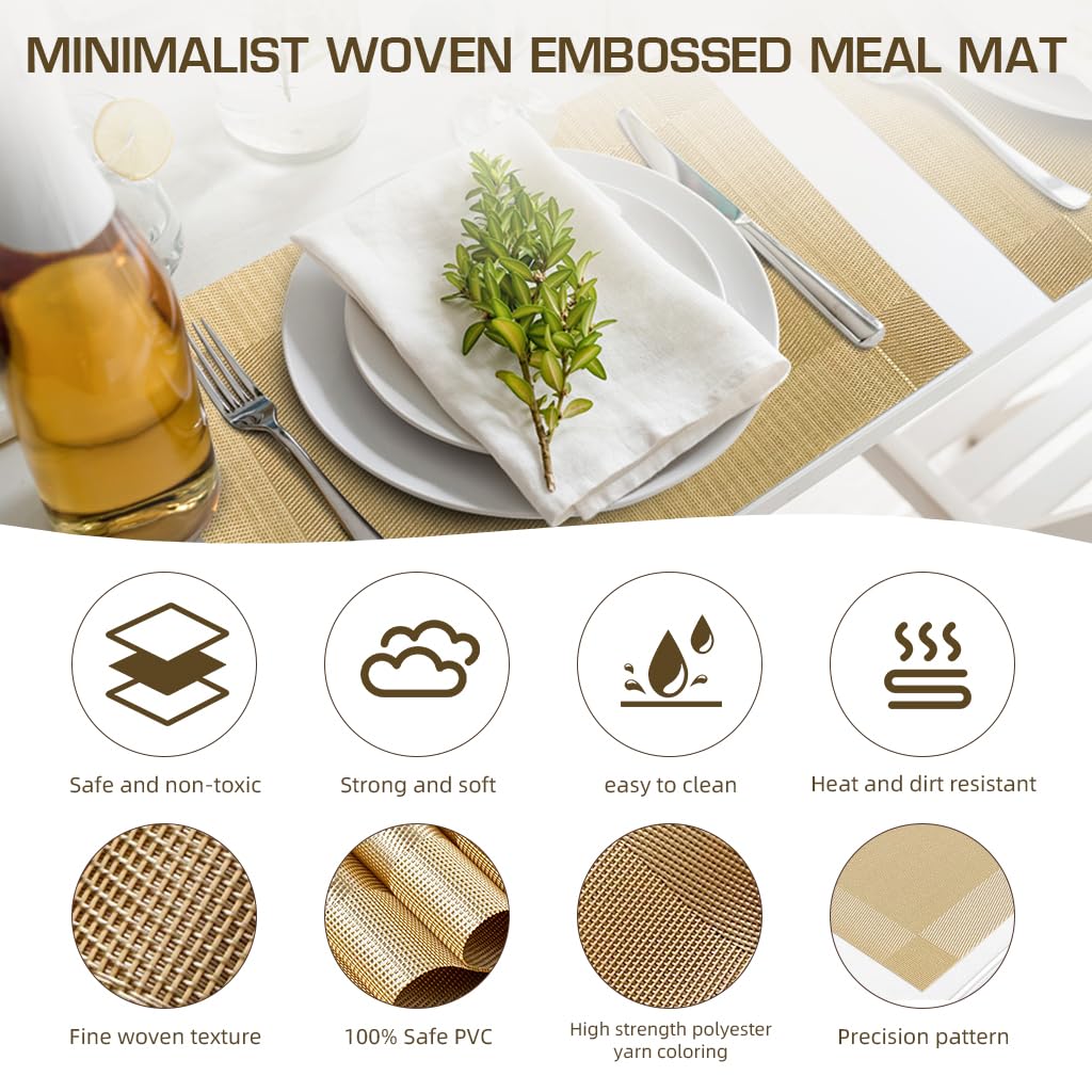 ZIBUYU® 6Pcs Dining Table Placemat Minimalism Placemat PVC Placemats for Dining Table Heat Resistant Dish Placemats for Dining Table Wedding Banquet Placemat, Golden, 17.7x11.8 Inches