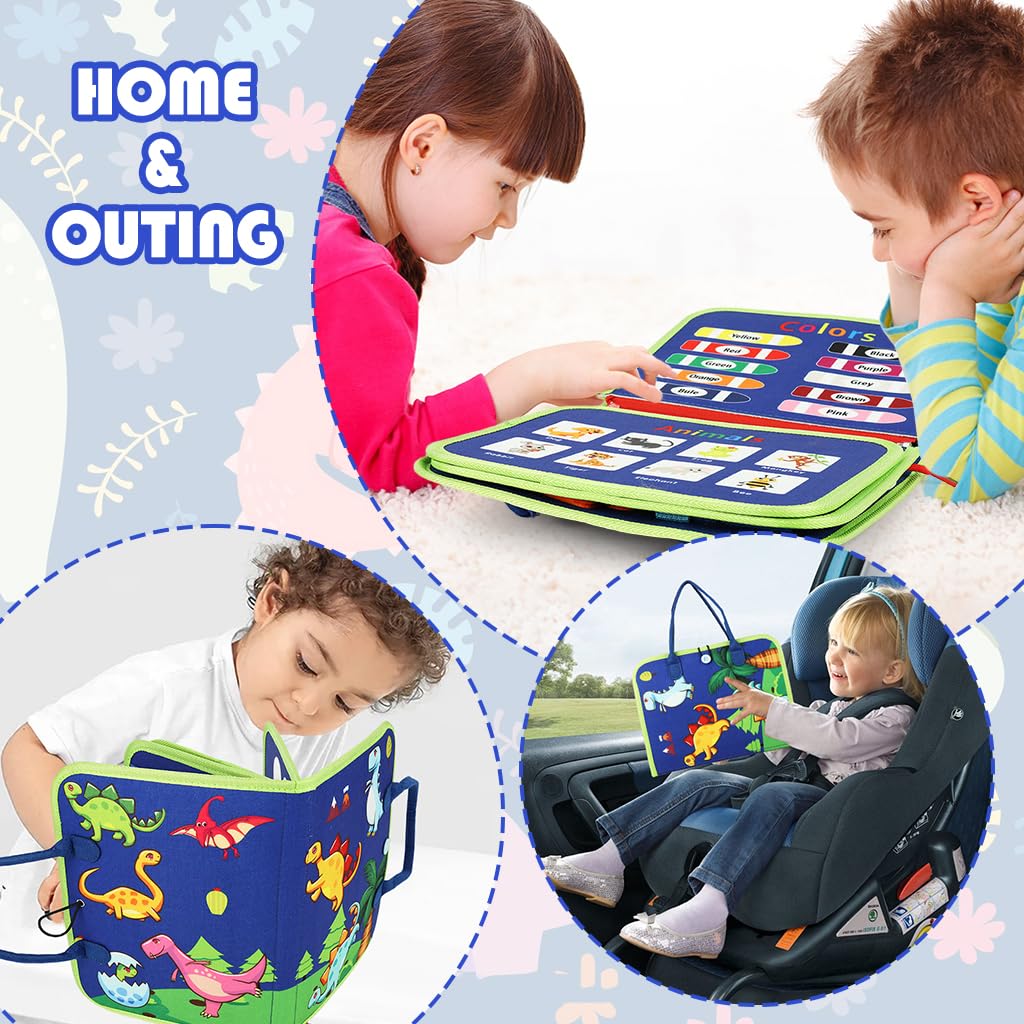 SNOWIE SOFT Dinosaur Busy Board for Toddlers 1-3 with Felt Pages and Handbag Design | Montessori Travel Toy for Quiet Learning