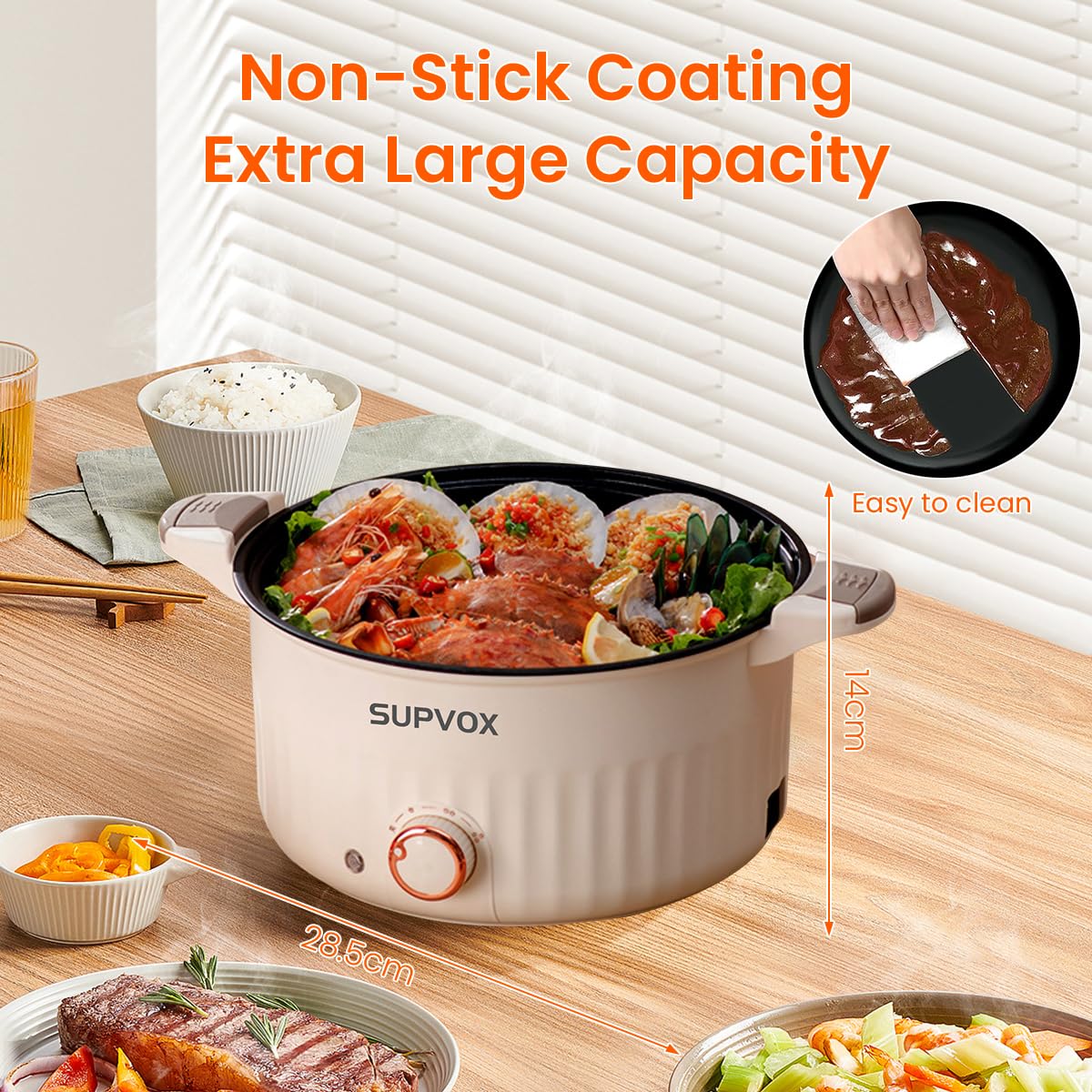 Supvox® Rice Cooker 4L Non-Stick Electric Cooker with Glass Lid & Wooden Spatula Multifunctional Electric Cooker Adjustable 1000W  Electric Kettle Electric Cooking Pot for Frying, Boiling, Hot Pot