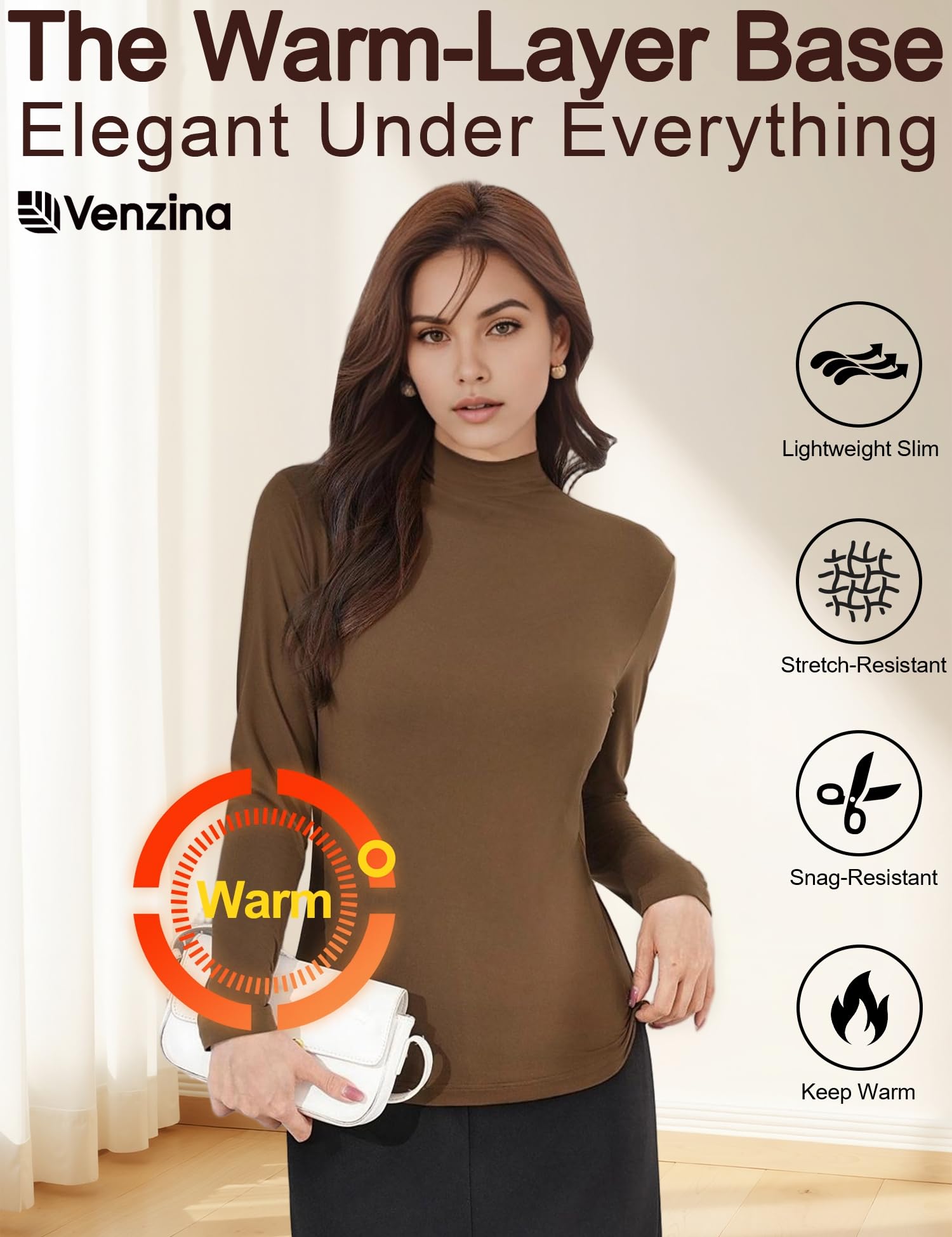 Venzina Women's Long Sleeve Mock Neck Top for Fall and Winter Layering | Soft Stretch Slim Fit Pullover
