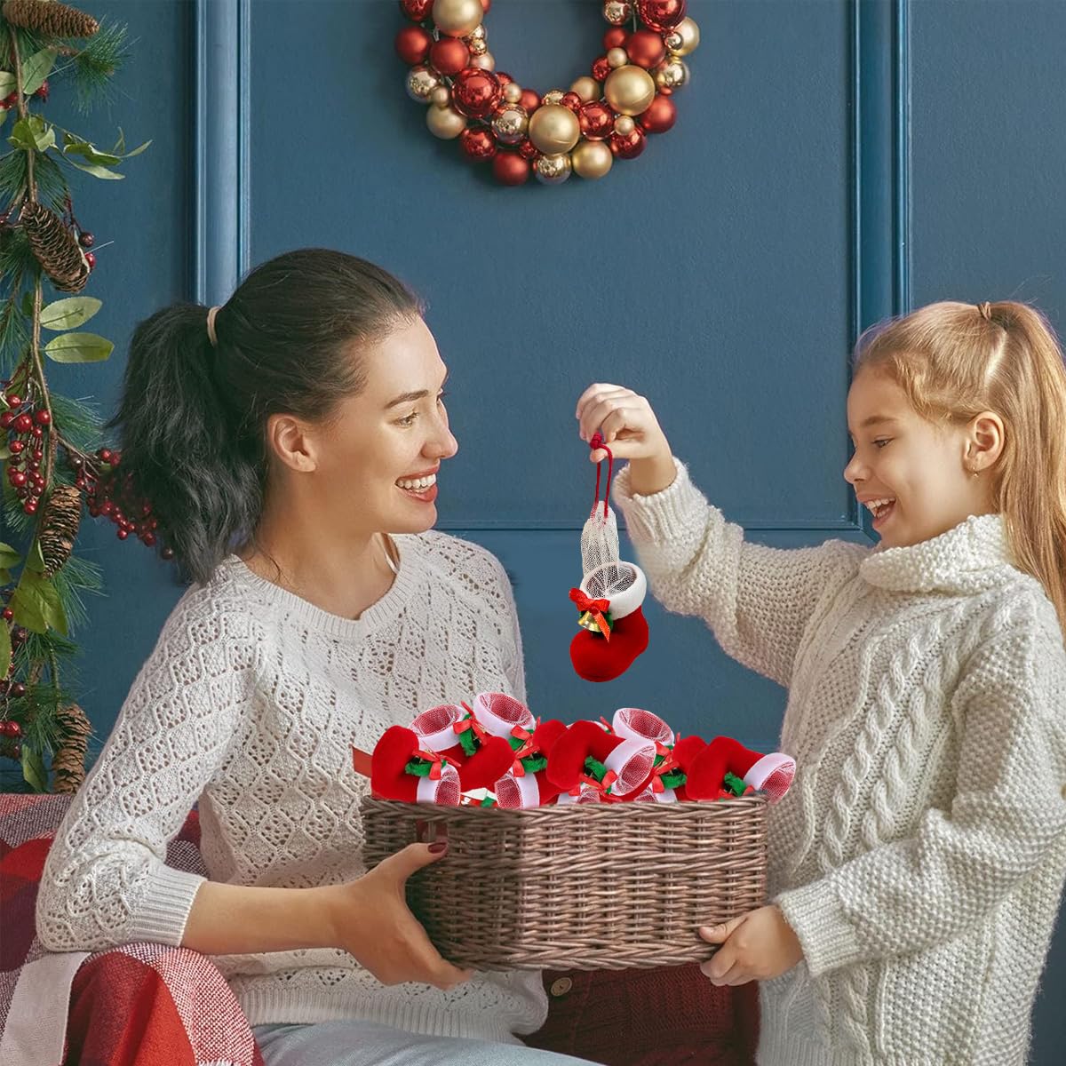 HASTHIP Christmas Stockings for Xmas Tree Hanging Decor 12Pcs 5x6 cm with Drawstring Mesh Liner