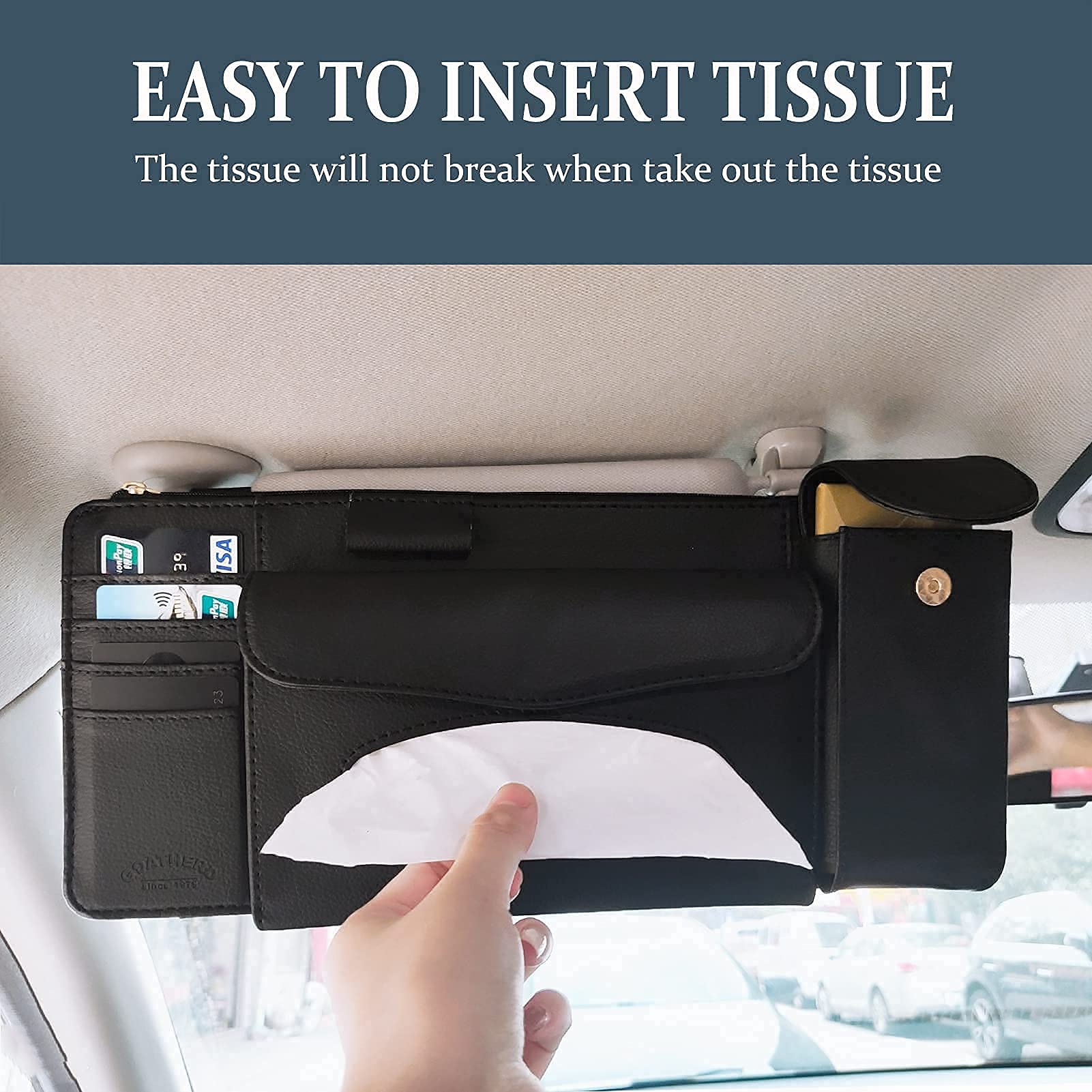 STHIRA Car Sun Visor Organizer for Storage with 35×16 cm Capacity and Dual Elastic Bands | PU Leather Black