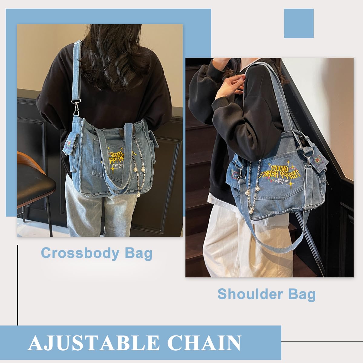 PALAY Cloth Bag for Daily Use with 37x27cm Capacity and Letter Embroidery Denim | Girls Women