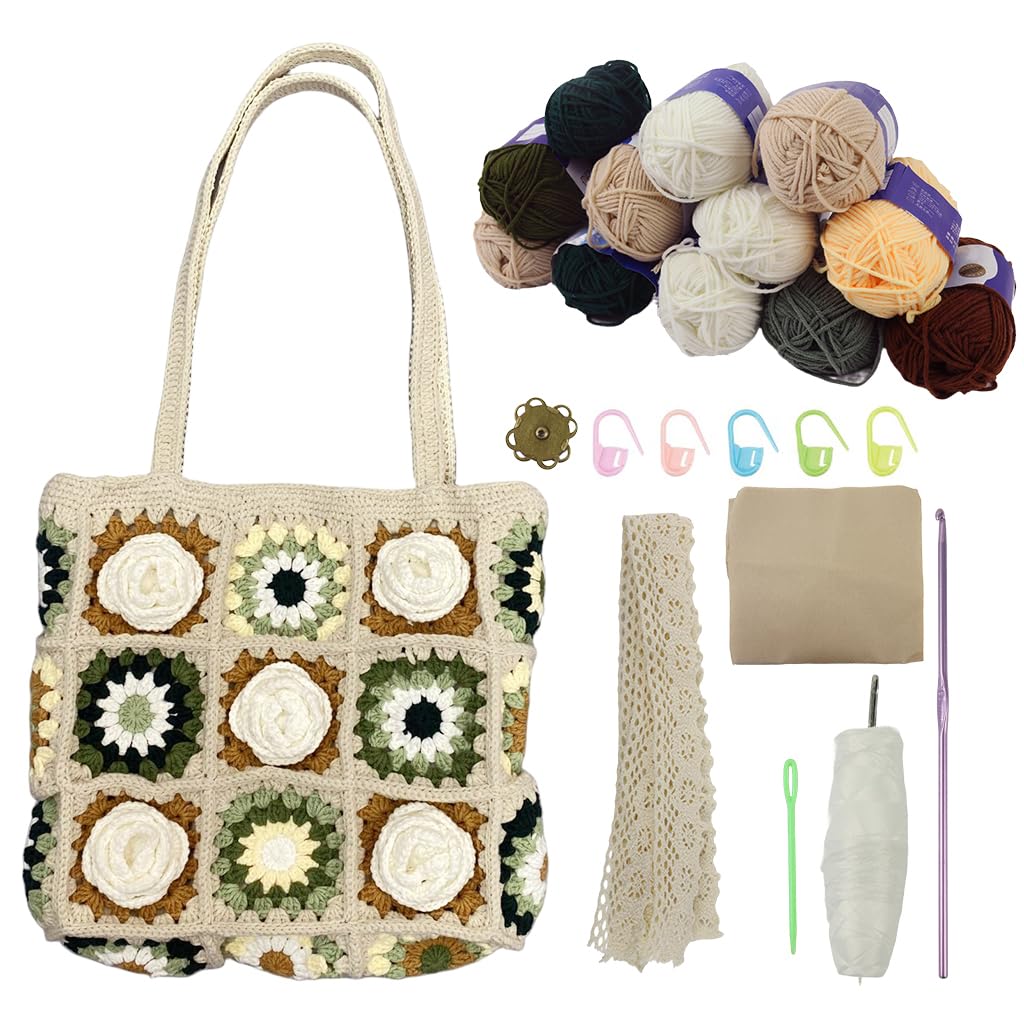 HASTHIP® DIY Camellia Crochet Bag Material Kit with Magnetic Buckle Crochet Handbag Tote Camellia Pattern Handbag Material Kit with Yarn, Crochet Hooks, Lining Pouch, Step by Step Tutorial, 28x25cm