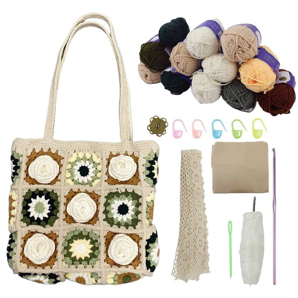 HASTHIP Camellia Crochet Bag Material Kit for DIY Tote with Magnetic Buckle 28x25cm | Yarn and Hooks Set