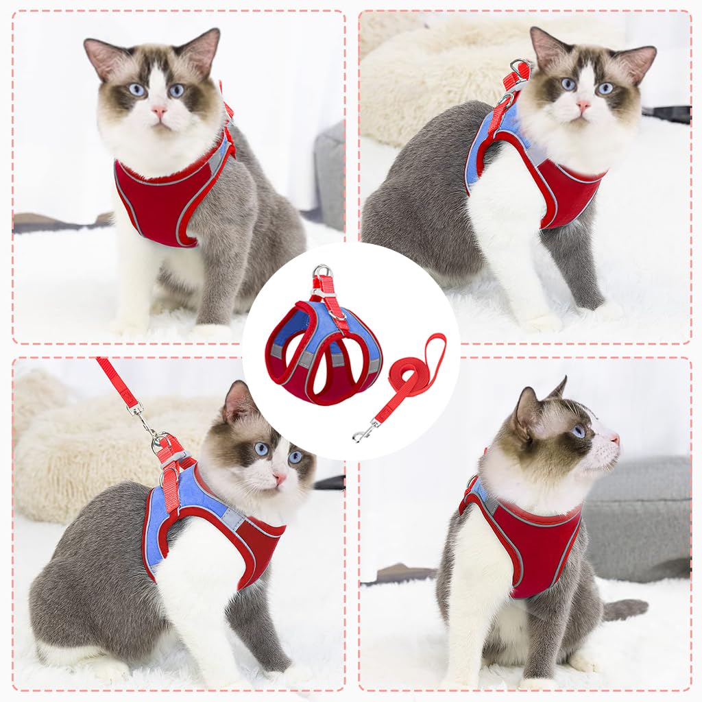 Qpets® Cat Harness with 1.5m Leash, Cat Belt Adjustable Size Breathable Cat Vest Strap with Safety Reflective Strip, Cat Leash with Harness for Small Cat and Dog (M, Red)