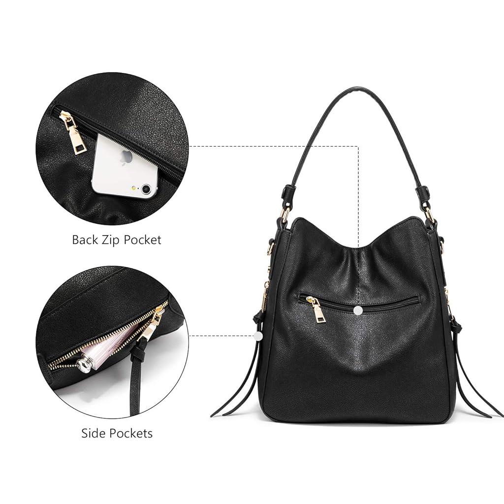ZIBUYU® Tote Handbag for Women Fashion Faux Leather Classic Shoulder Crossbody Bag Lady Girl Solid Color Black 3 PCS