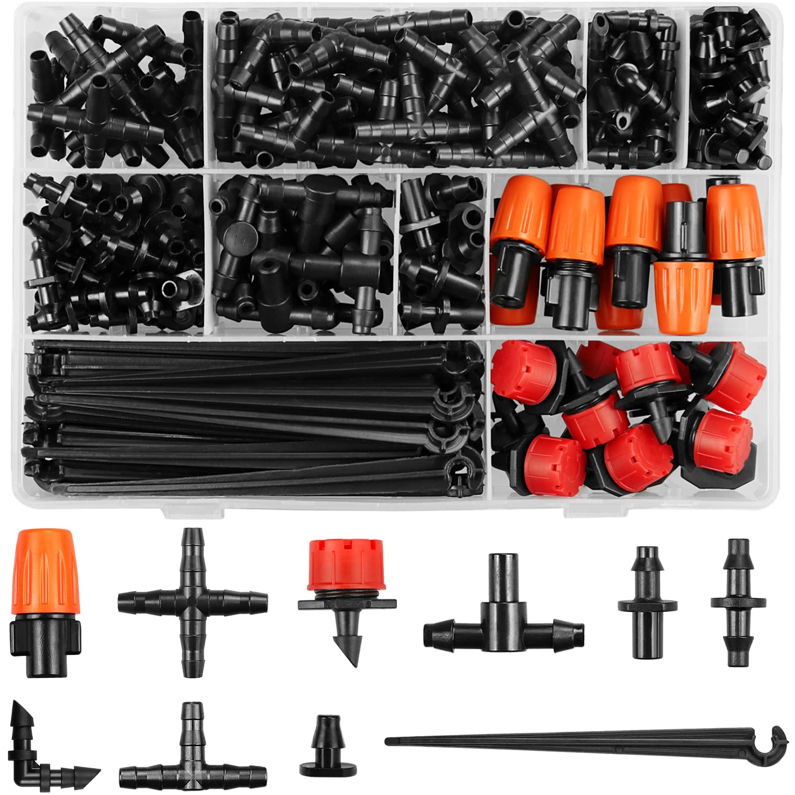 HASTHIP® 240Pcs Slow Irrigation Fitting Kit, Assorted Connectors T-shaped, Cross-shaped, and L-shaped Connectors, Drippers, Stakes, DIY Gardening Watering Kit Slow Drip Irrigation Accessories