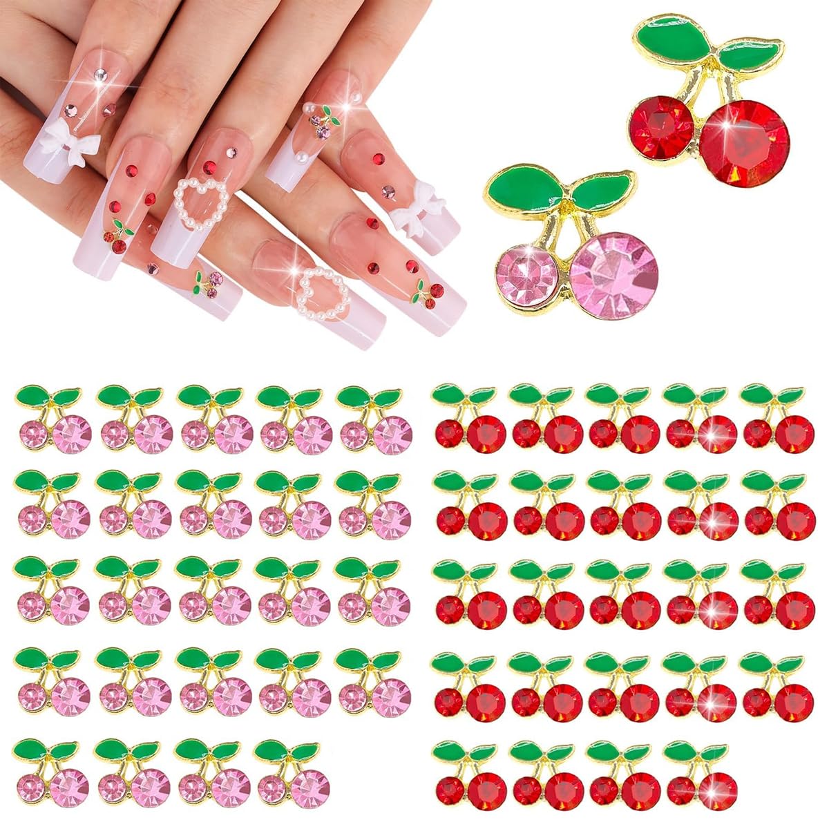 MAYCREATE® 50Pcs 3D Cherry Nail Charms, 2 Sizes Pink and Red Mini Cherry Nail Decal 3D Sparkling Nail Art Cherry Nail Decal  Non-adhesive Flat Back Cute Cherry Nail Charms