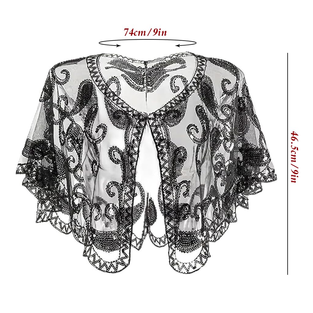 PALAY Lace Shrugs for Women featuring Sequin Mesh Cape in Black for Weddings and Evening Dresses