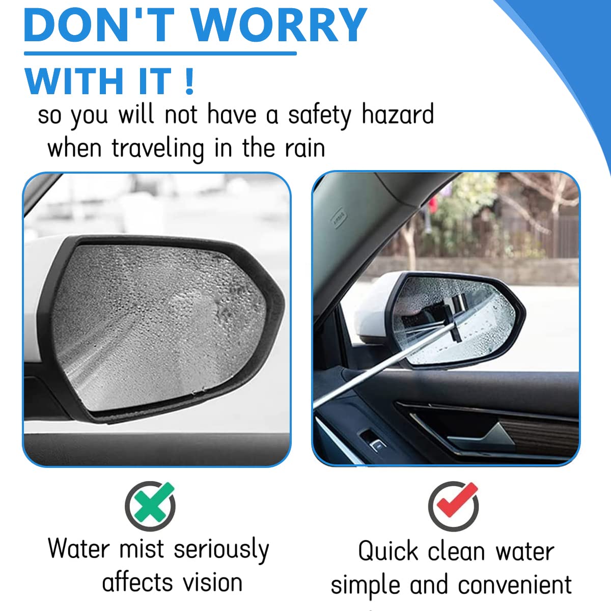 Car Rearview Mirror Wiper for Safe Driving with Retractable 38.6 in Rod and 2.5 in Rubber Head