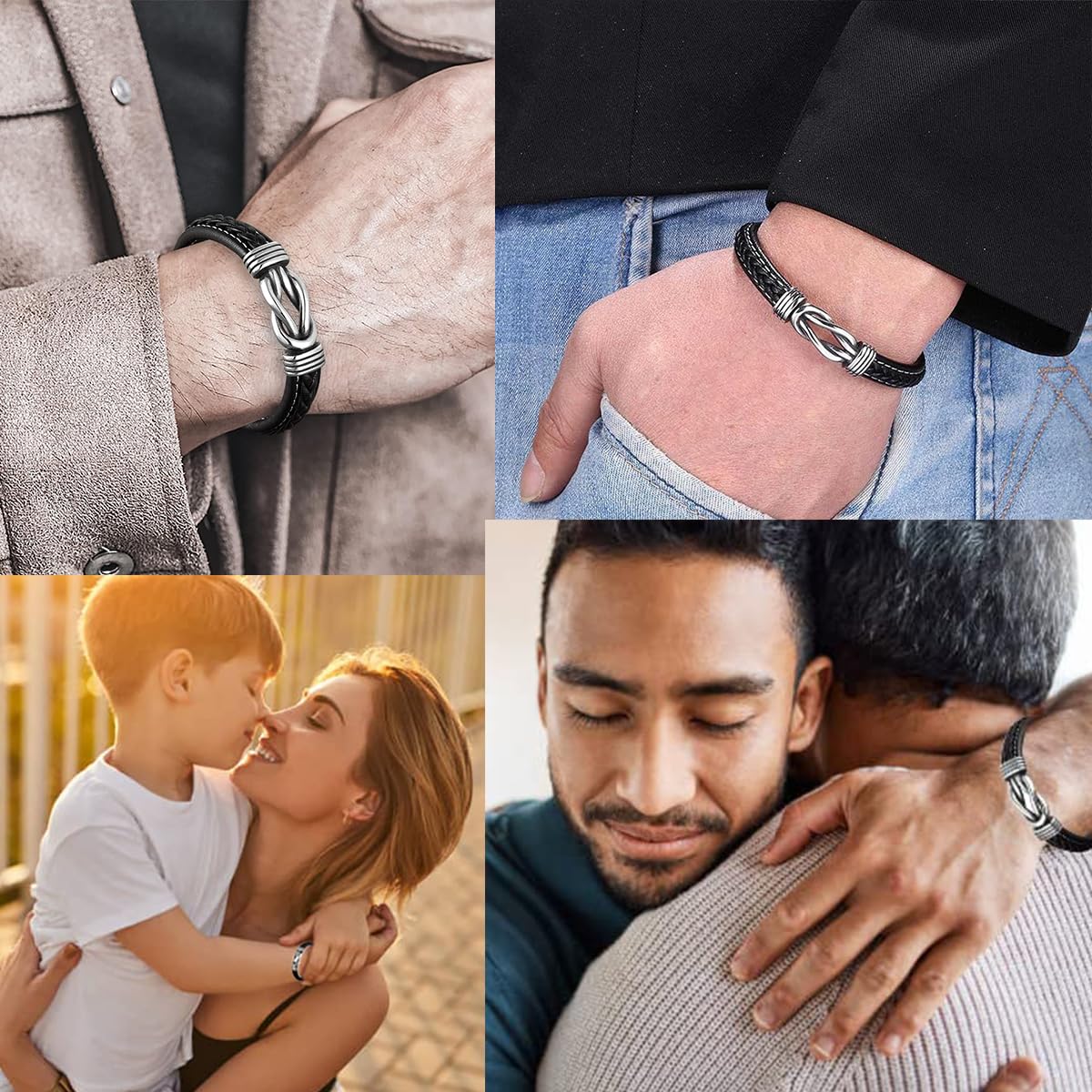 SANNIDHI Fashion Leather Bracelet for Men Titanium Steel Twist Ring Leather Hoop Bracelet with Clasp 7.87 inches Black Leather Hoop Bracelet Men's Accessories Jewellery for Unisex Christmas Gifts