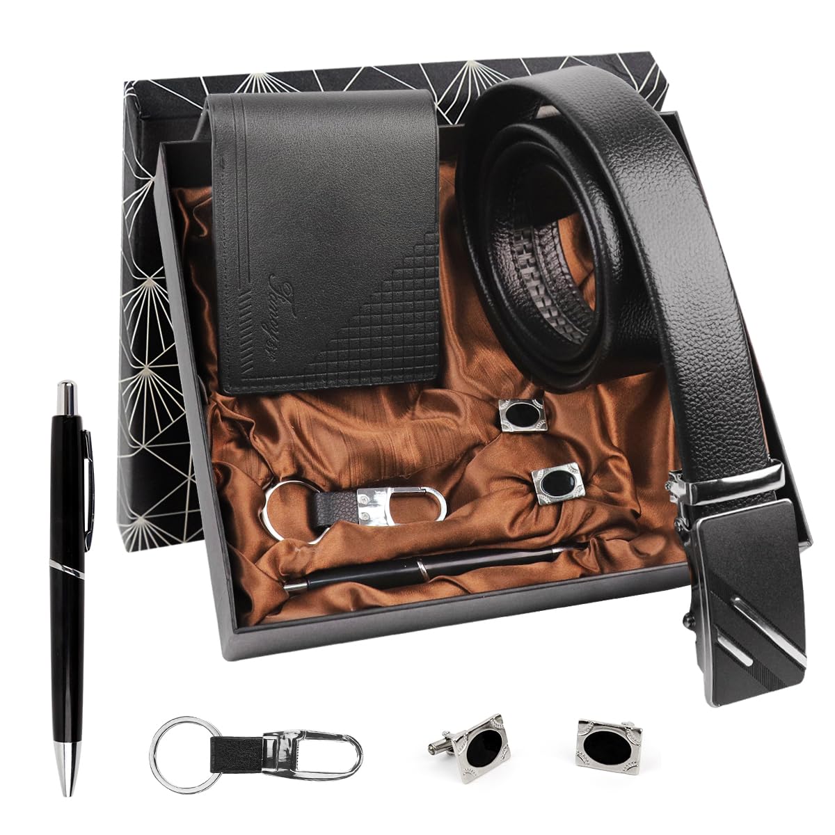 GUSTAVE Wallet and Belt Gift Set for Men with PU Leather Wallet Cufflinks Pen and Keyring | Ideal for Father’s Day