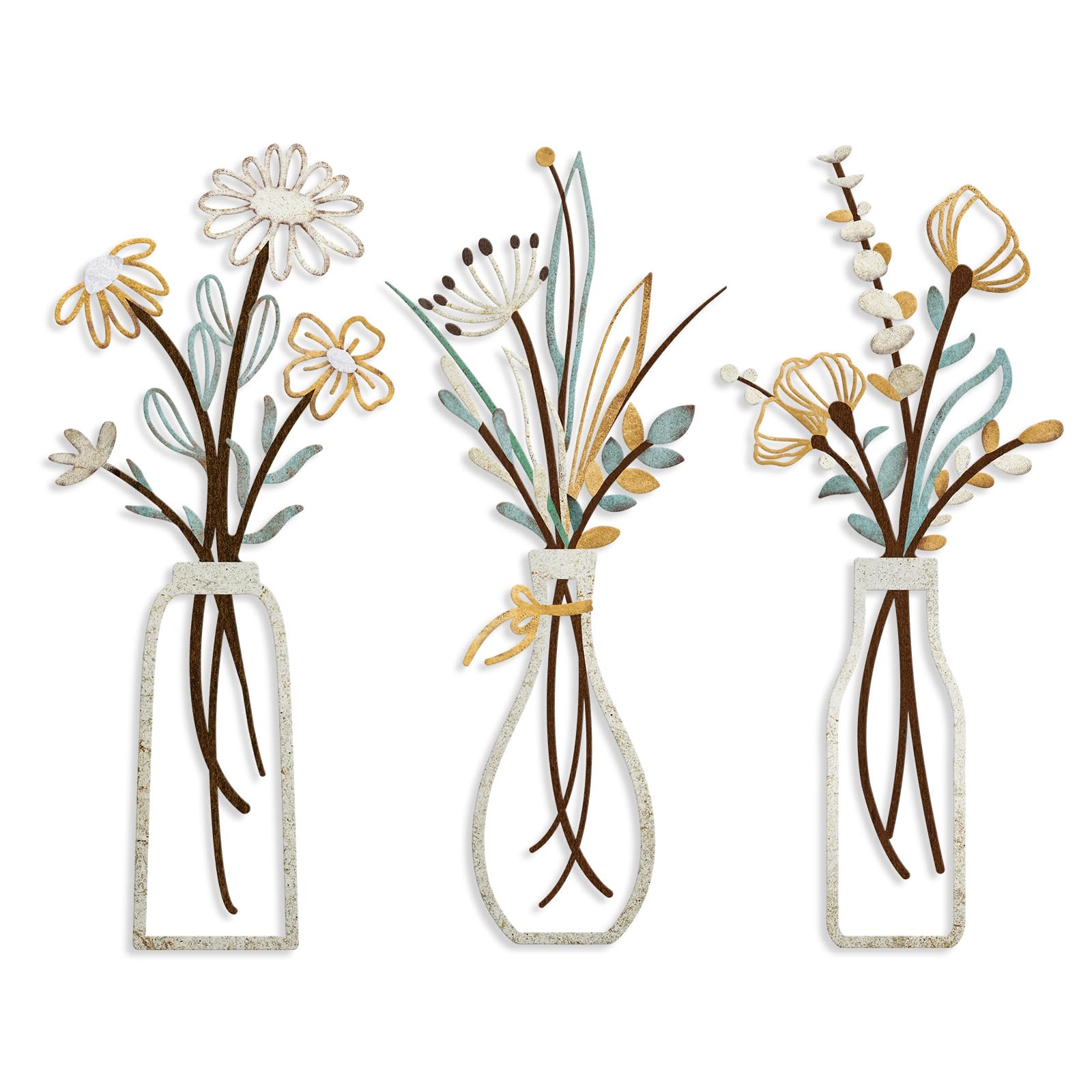 HASTHIP® 3 Pieces Metal Flowers Wall Art Rustic Farmhouse Decor Beige Minimalist Flower Wall Decors for Living room Bathroom Bedroom Dining Room-Housewarming Gifts