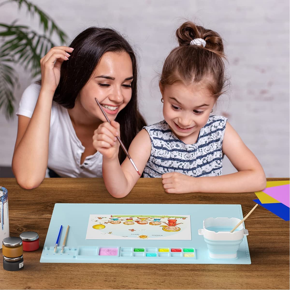 HASTHIP® 50*40cm Silicone Craft Mat for Painting Play Doh and Clay for Kids, Non-Stick Multipurpose Silicone Sheet with Cleaning Cup and Color Mixing Plate for Arts and Crafts, Painting, Resin Casting