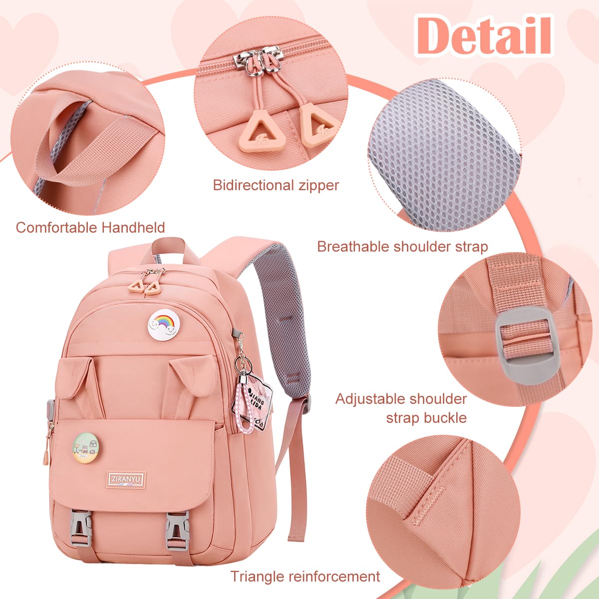 PALAY® School Backpack for Girls Kawaii Bunny Ear Pink 15.6 Inches Laptop Backpack Fashion Nylon Casual Travel Backpack Multi Compartment Book Bag Chirstmas Birthday Gift for Girls, 32x20x43cm