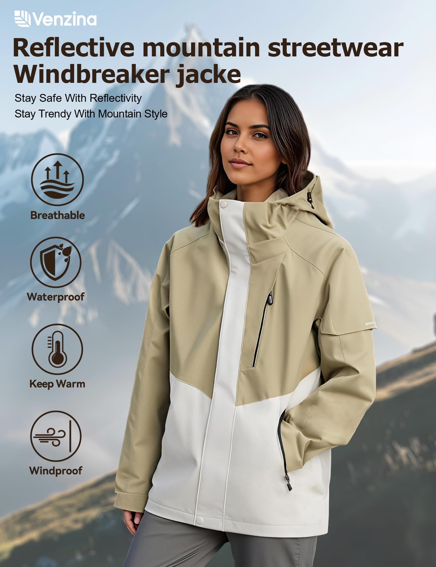 Venzina Women's Water Repellent Jacket for Hiking and Daily Commute with Reflective Design | Lightweight Breathable Windbreaker in Light Khaki