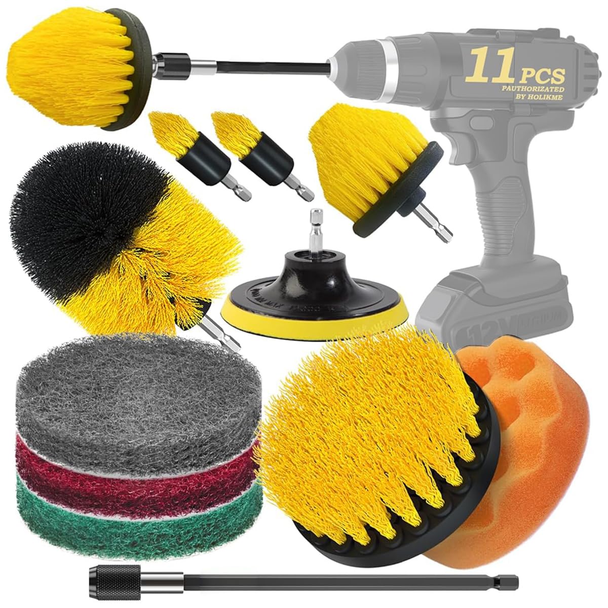 STHIRA Drill Brush Attachments Set with 11 Pcs for Power Drill Cleaning | Flat Hard Bristle Brushes and Scrub Pads
