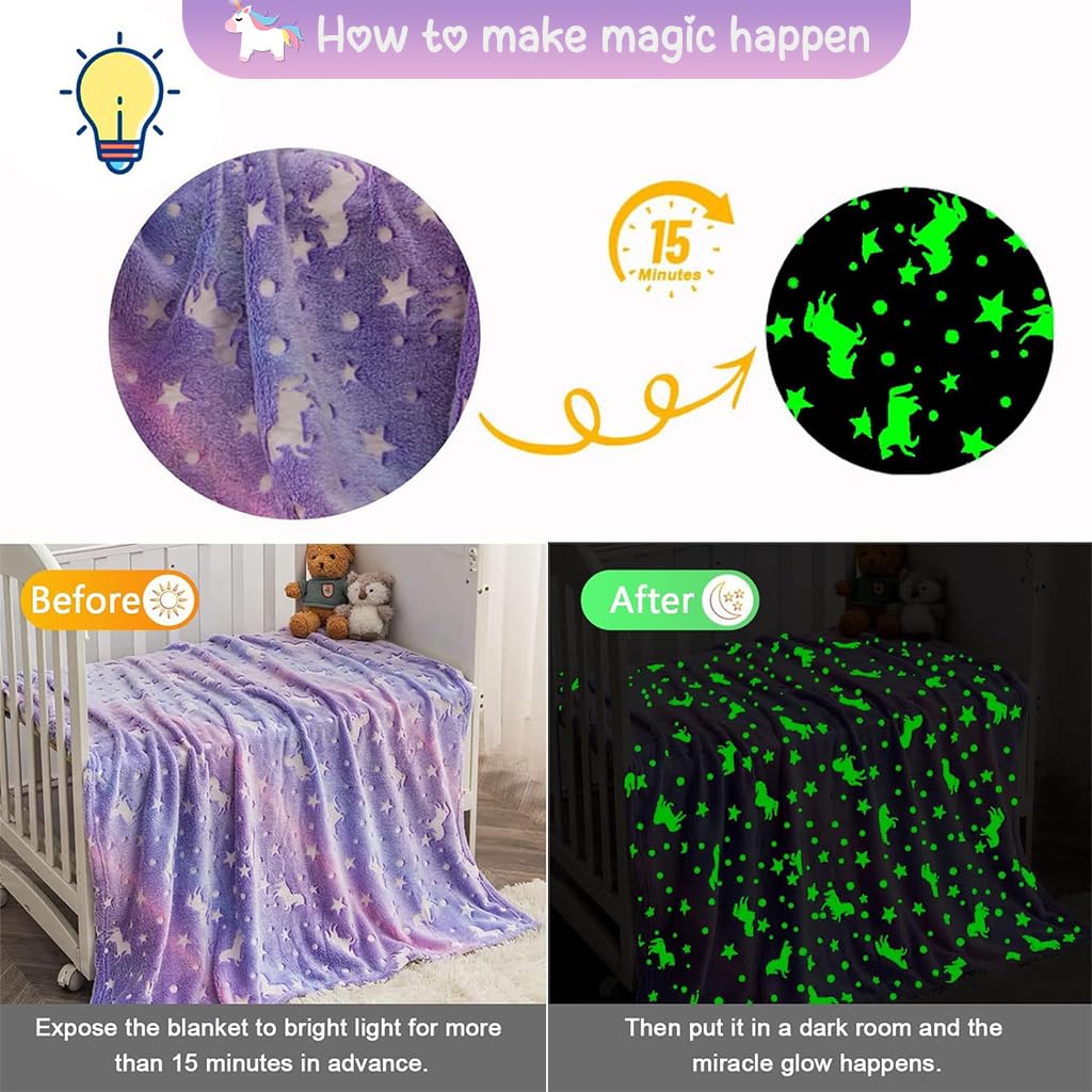 ZIBUYU® Winter Blanket for Kids Girls Flannel Blanket Warm Soft Night Glow in Dark Furry Safe Luminous Unicorn AC Blanket for Boys & Girls (70 x 60 inch) - Purple