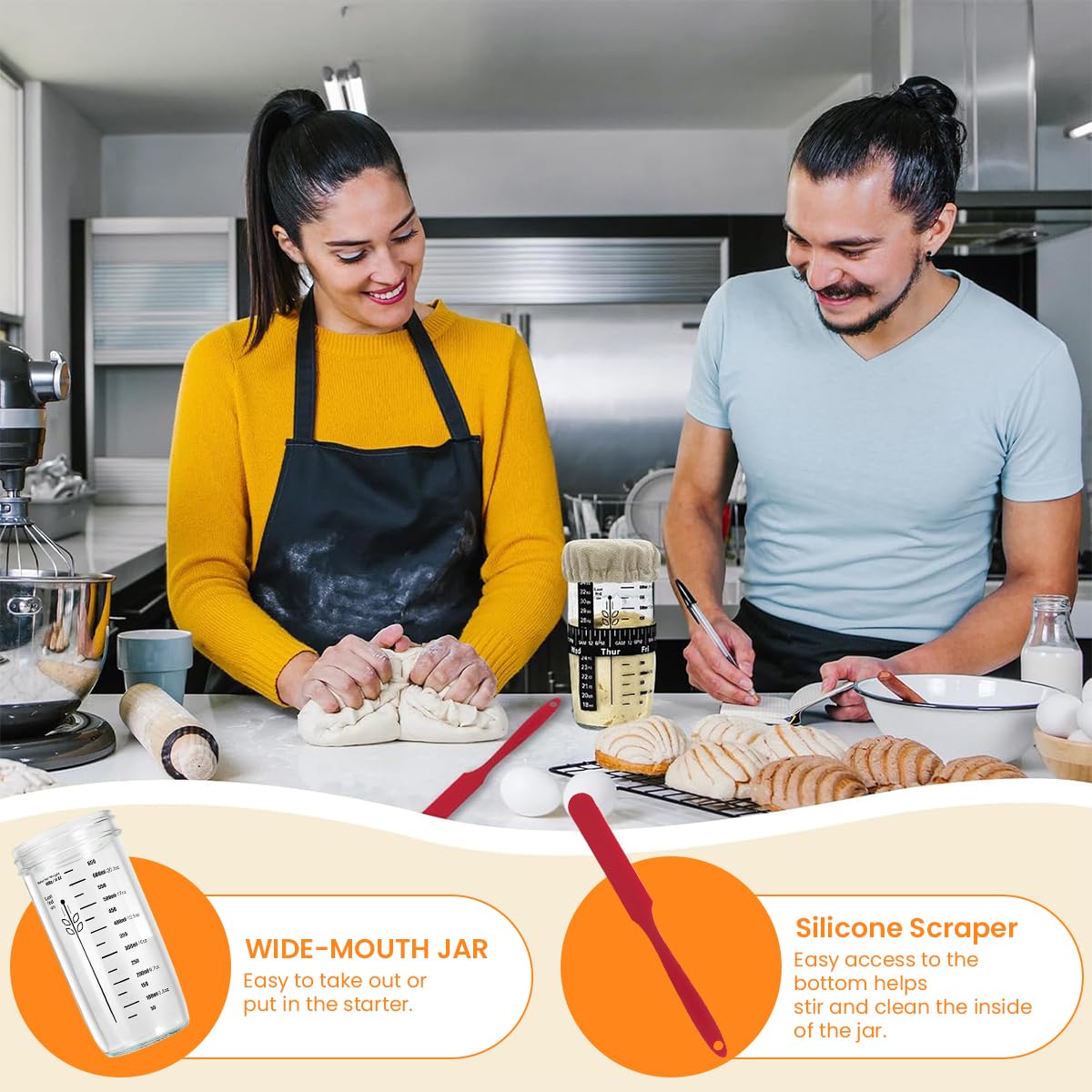 Supvox Sourdough Starter Kit with 25.6oz Glass Jar and Integrated Scale | Silicone Spatula and Thermometer Strap