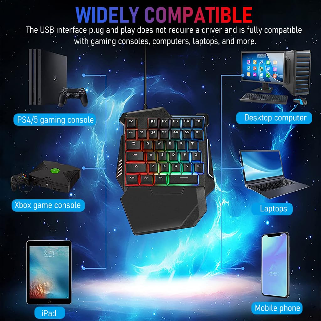 Verilux® 4 in 1 One Hand Gaming Keyboard and Mouse Combo, 35 Keys Wired RGB LED Backlit One Hand Keyboard, USB Wired Gaming Mouse, Converter Adapter for PUBG/Laptop PC Game and Work