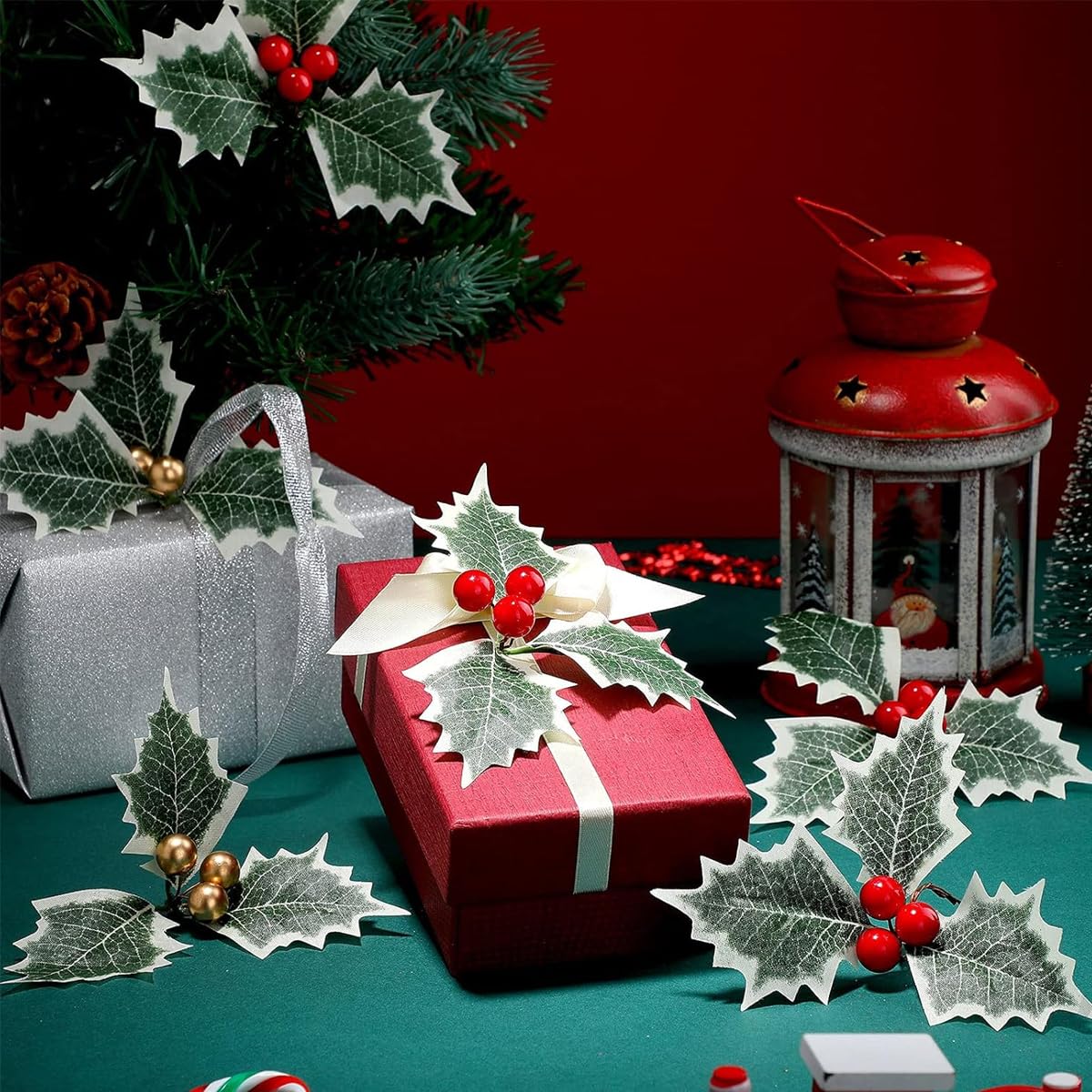 HASTHIP Holly Berries Christmas Decorations 30 Pcs for Tree Wreath & Home Decor | 13cm Gold and Red Artificial Leaves