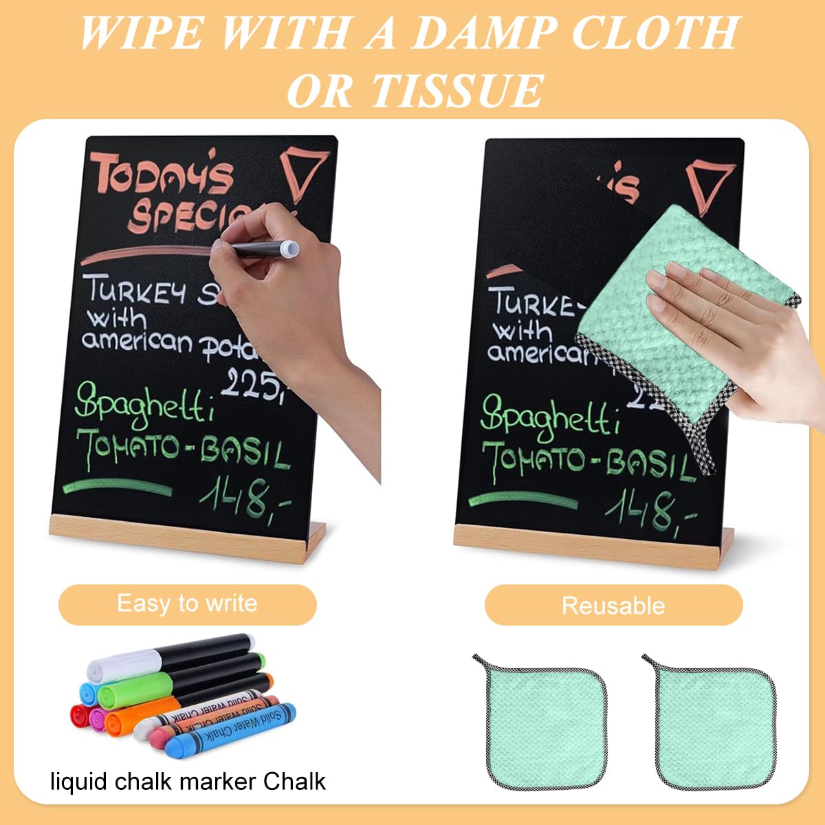 OFIFO A4 Blackboard for Kitchen and Café Display with Double Sided Surface and Wooden Base | Includes Color Markers and Microfiber Wipes