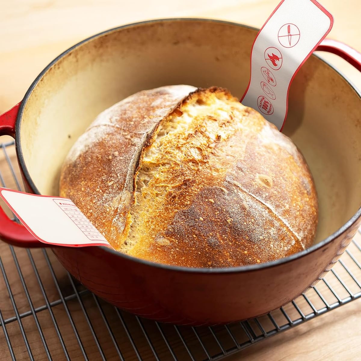 Supvox Silicone Baking Mat for Dutch Oven Bread with Long Handles 8.3 in | Red Heat Resistant Reusable Sheet