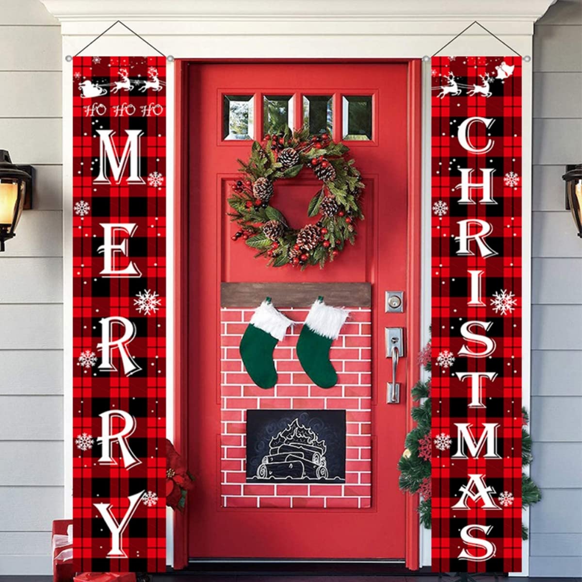 HASTHIP  Christmas Decorations Outdoor Yard Front Porch Sign Set, Red Black Buffalo Plaid Door Banner, Hanging Merry Christmas Decorations for Home Indoor Outdoor Xmas Decor Wall Front Door Yard