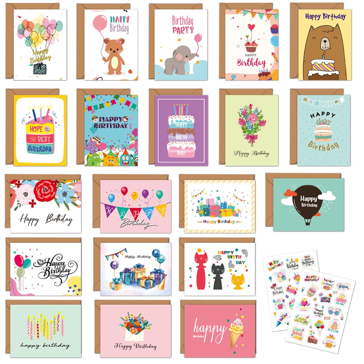 Climberty® 20pcs Birthday Cards Happy Birthday Greeting Cards Cartoon Illustration Birthday Greeting Cards with Envelopes & Stickers Surprising Birthday Cards for Kids, Friends, Families