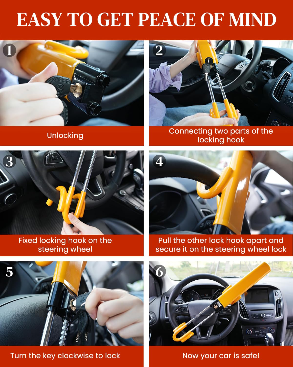 STHIRA Steering Wheel Lock for Cars featuring Alloy Lock Core and Heavy Duty Steel | Universal Fit