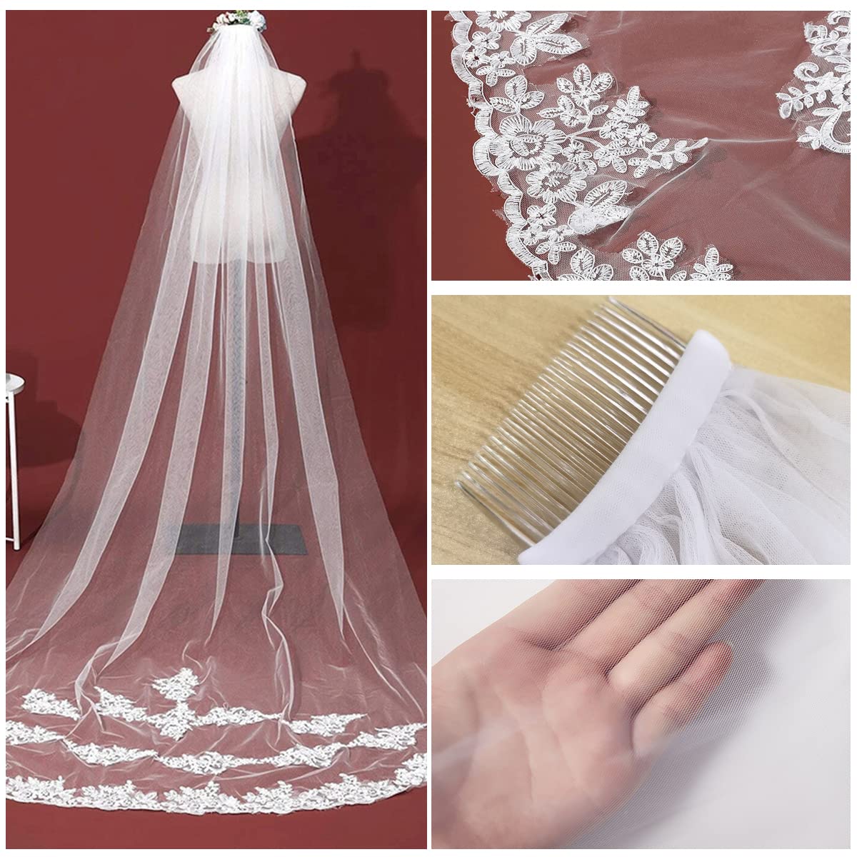 PALAY® Bridal Veil 3m Wedding Veil for Bride White Lace Edge Long Cathedral Veil 1 Tier Drop Veil Bridal Tulle Hair Accessories