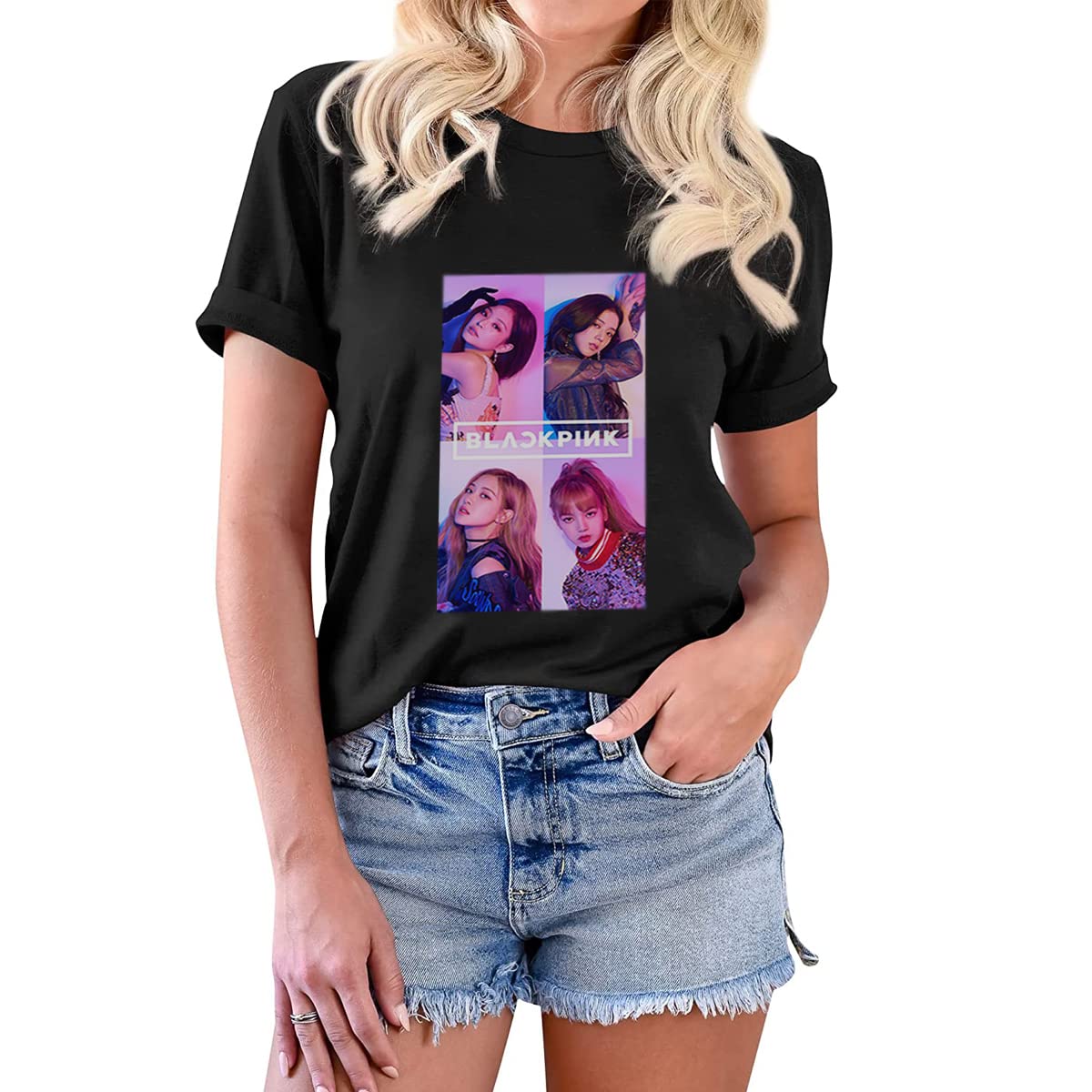 PALAY® Blackpink T Shirts for Women Summer Fashion T Shirt for Men, Cotton Blackpink Print Black Shirt for Fans, Solid Color Casual T-shirts - Size XL