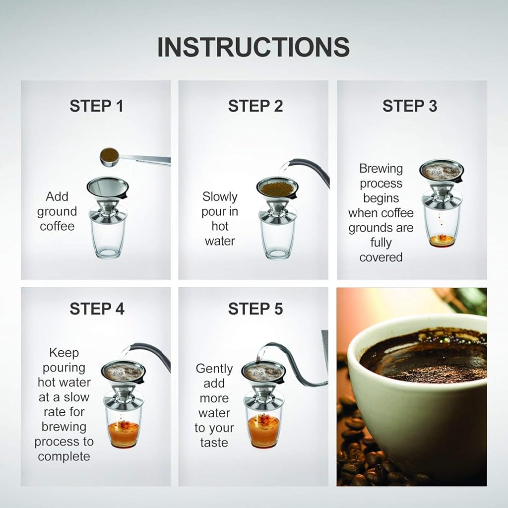 HASTHIP® Pour Over Coffee Dripper Stainless Steel Reusable Drip Cone Filter Paperless Metal Fine Mesh Strainer Brewer Maker 1-6 Cup with Non-Slip Stand Cleaning Brush 3 PCS