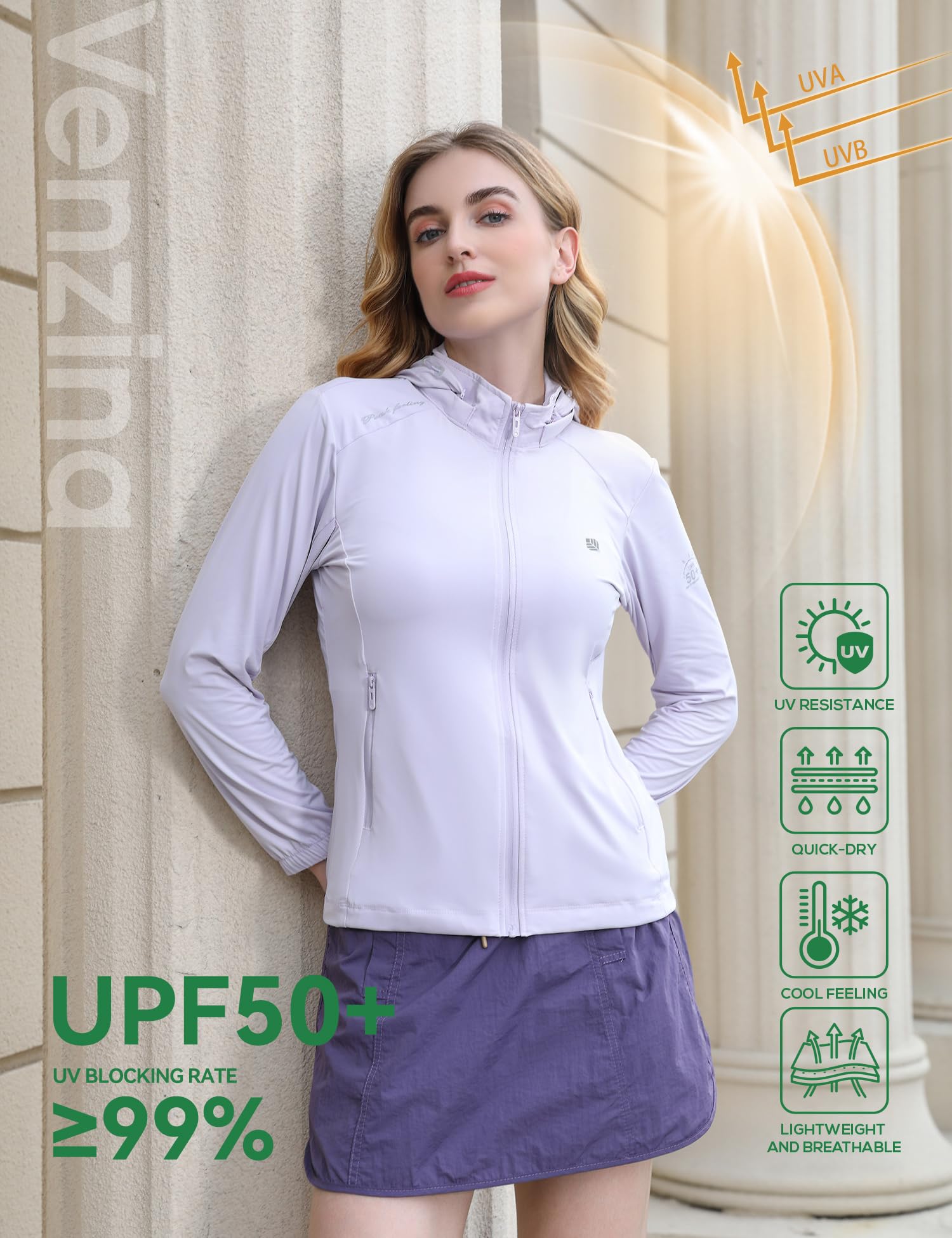 Venzina Sun Jacket for Women with Removable Hat and Dual Zip Pockets | UPF 50+ Quick-Dry Nylon