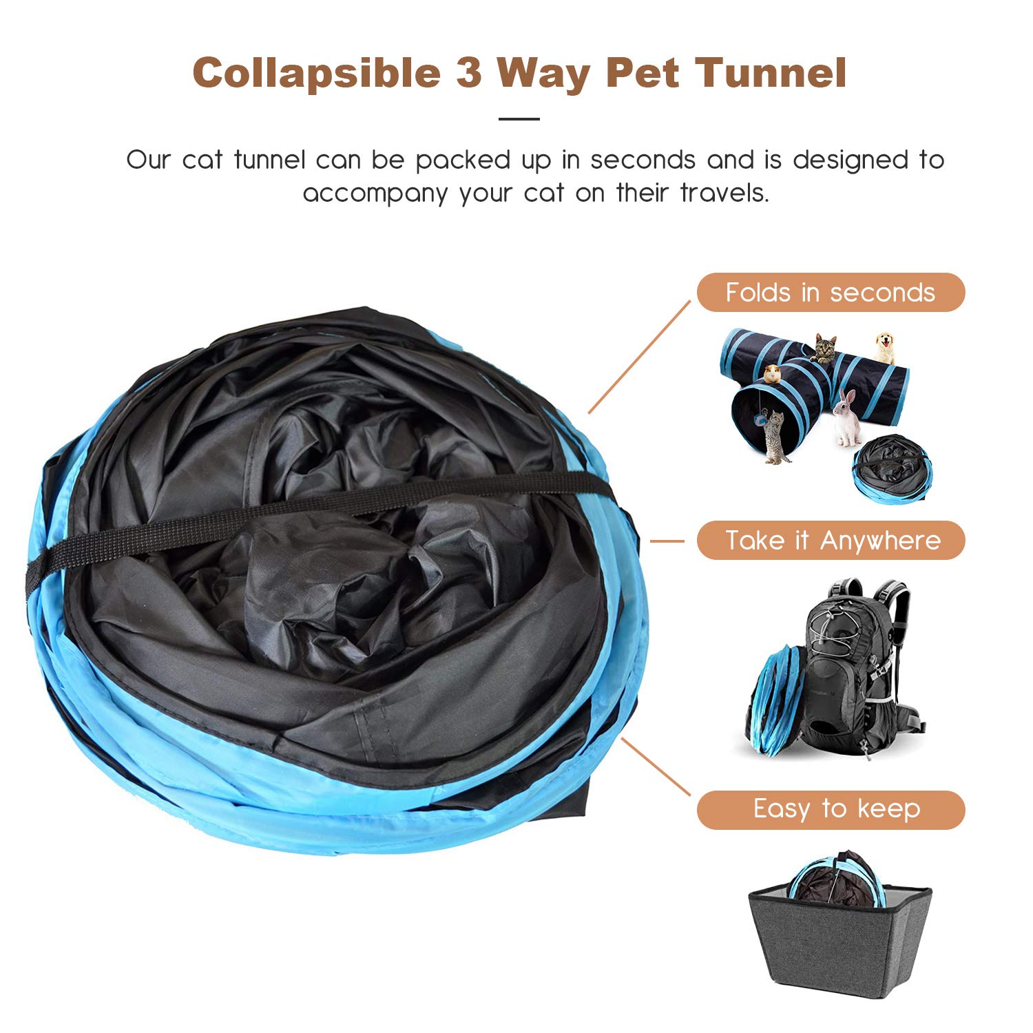 ZIBUYU Cat Tunnel Toy for Kittens featuring 3 Way Foldable Design 28cm Arms | Blue Polyester