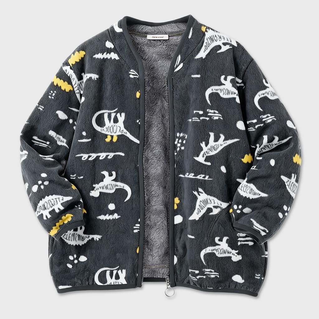 SANNIDHI Kids Polar Fleece Jacket for Winter with Dinosaur Print and Zip Up | Black 130CM