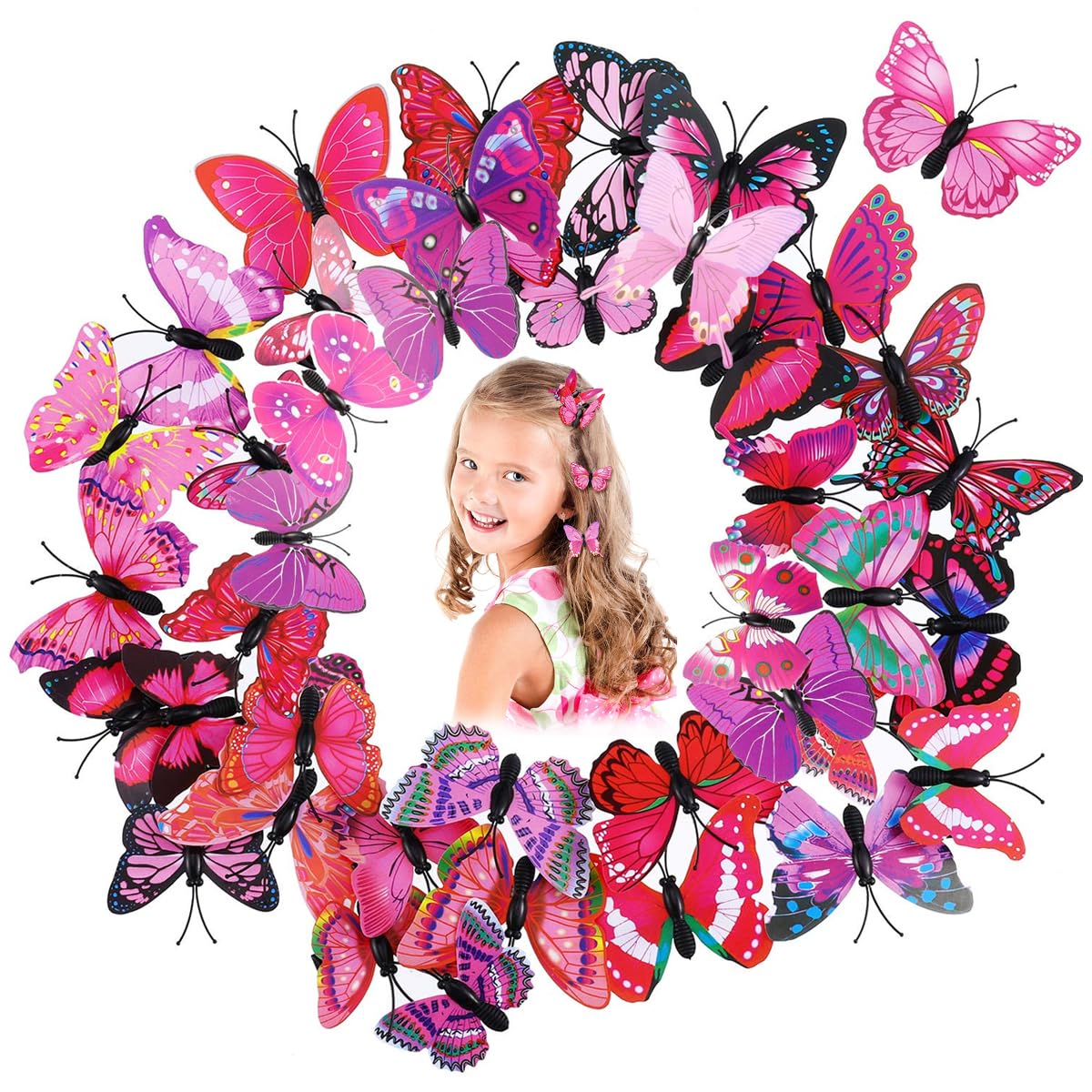 PALAY® 50pcs Butterfly Hair Clips for Girls Kids, Colorful 3D Wings Butterfly Barrettes, Cute Vivid PVC Hair Clip Hair Accessories for Girls Teens, Simulation Party Decor