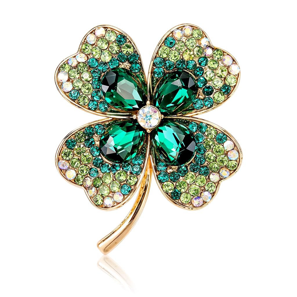 SANNIDHI Brooch Pin for Women featuring Green Rhinestone Clover Design | Elegant Gift Accessory