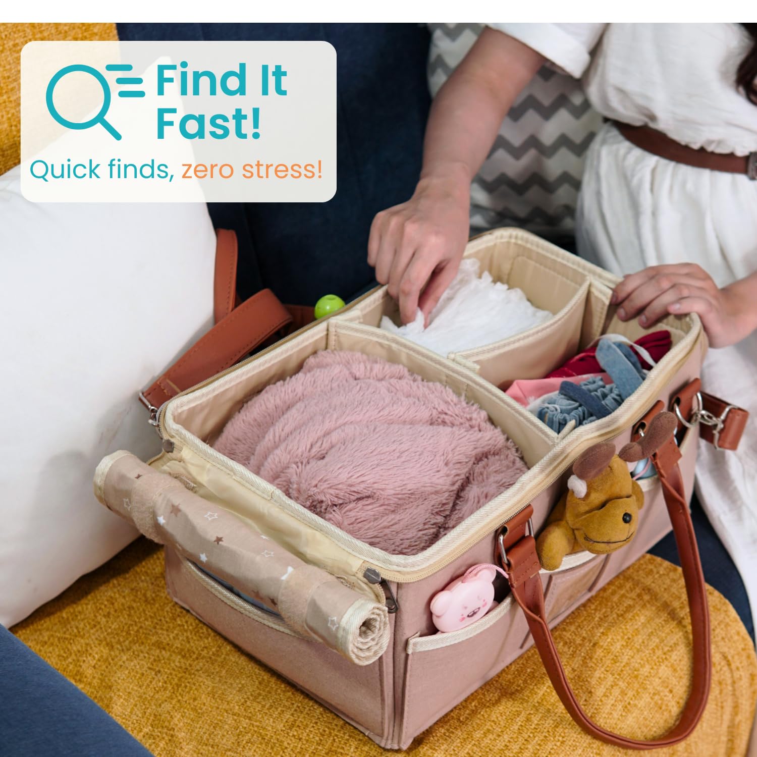 SNOWIE SOFT® Baby Diaper Bag Felt Baby Diaper Caddy Organizer Basket with Handle Multi Compartments Carry All Mommy Bag Newborn Supplies Zip-up Handbag Baby Gift Basket, Khaki