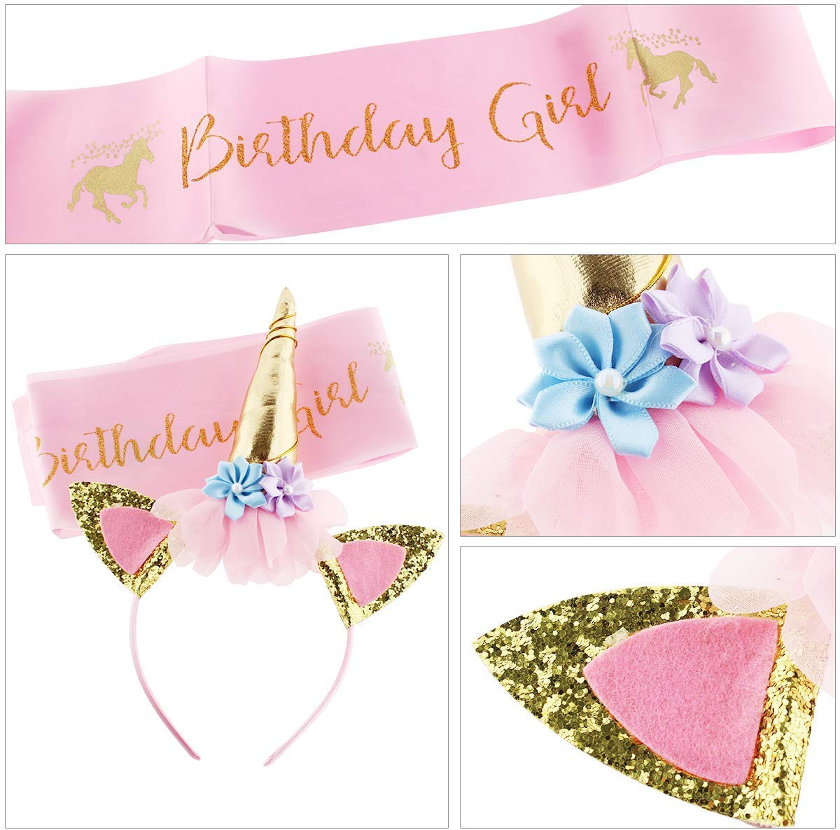 PATPAT Unicorn Party Birthday Girls Set with Gold Glitter Horn Headband and Pink Sash