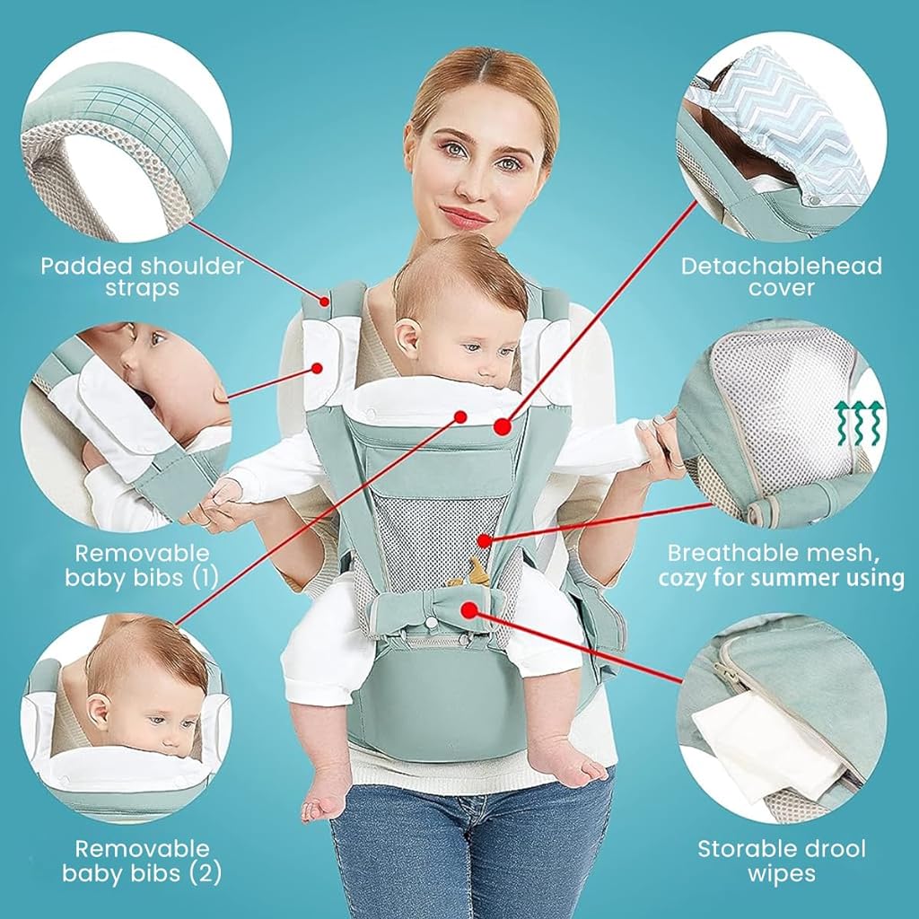 SNOWIE SOFT® 6 in 1 Baby Carrier with Lumbar Support for Baby with Pockets and Bib, 360 All-Position Baby Wrap Carrier Front and Back Backpack Carrier for Newborn Infant Toddler Unerder 30kg