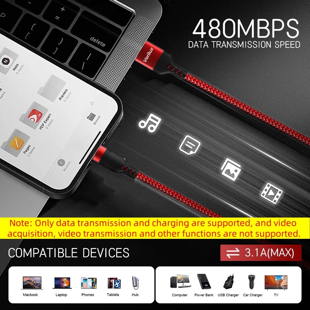Verilux USB C Cable 10ft for Fast Charging and 480Mbps Data | Nylon Braided 62W PD