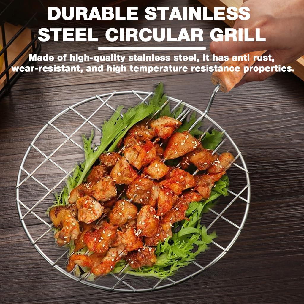 Supvox Wooden Handle Round Grill Rack for Outdoor Cooking with 7.4 in Stainless Steel Grid