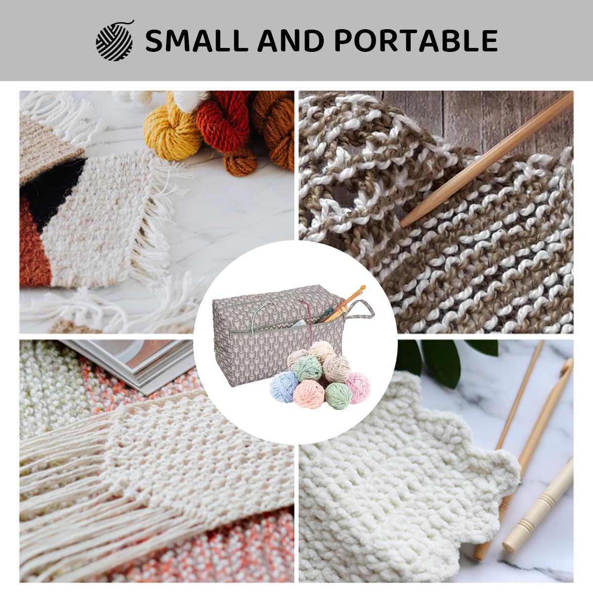 HASTHIP Crochet Bag for Yarn Storage and Knitting Accessories featuring 4 Yarn Feed Holes