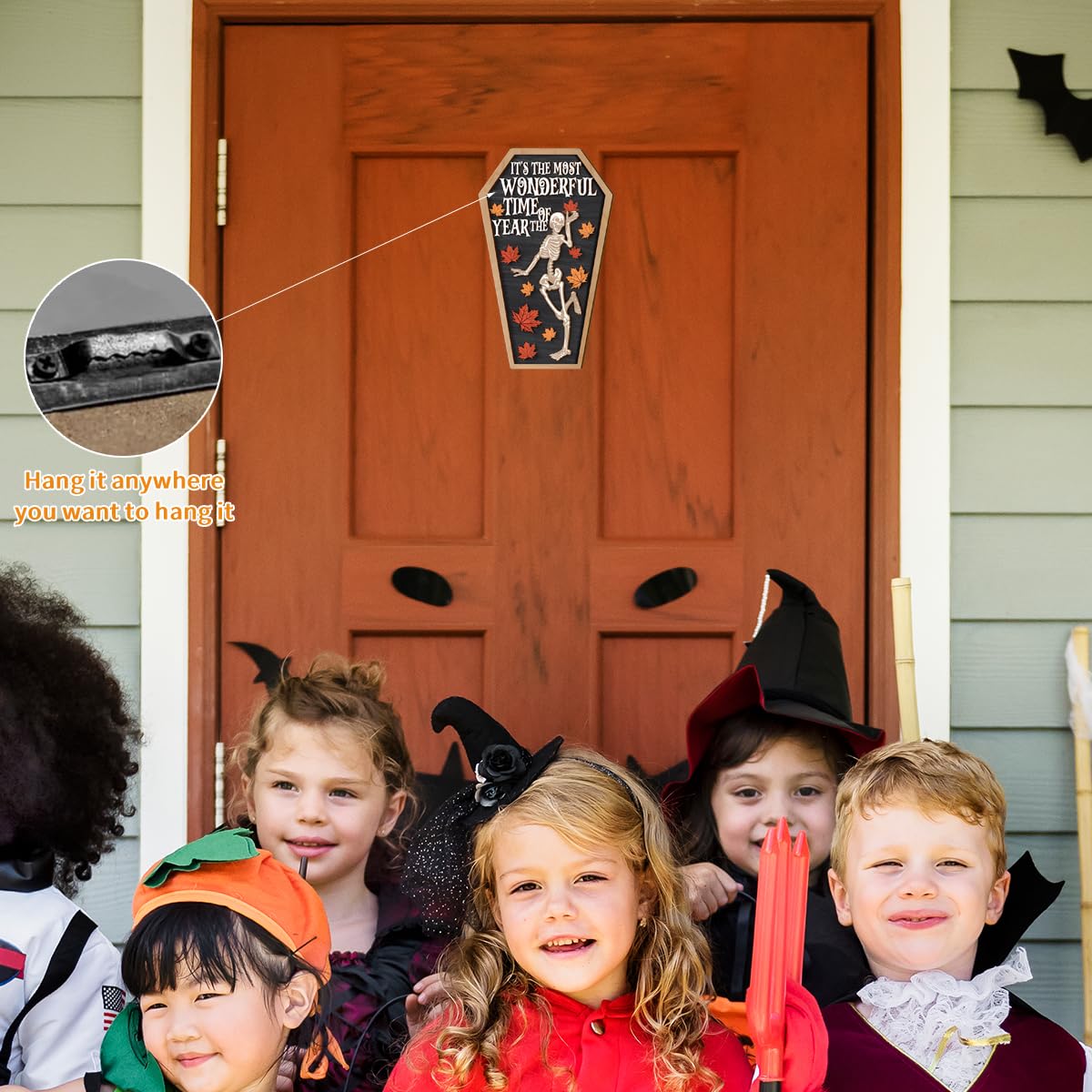 HASTHIP Halloween Desk Decor for Party and Home featuring Wooden Skeleton Coffin Panel 6.3x11.8cm