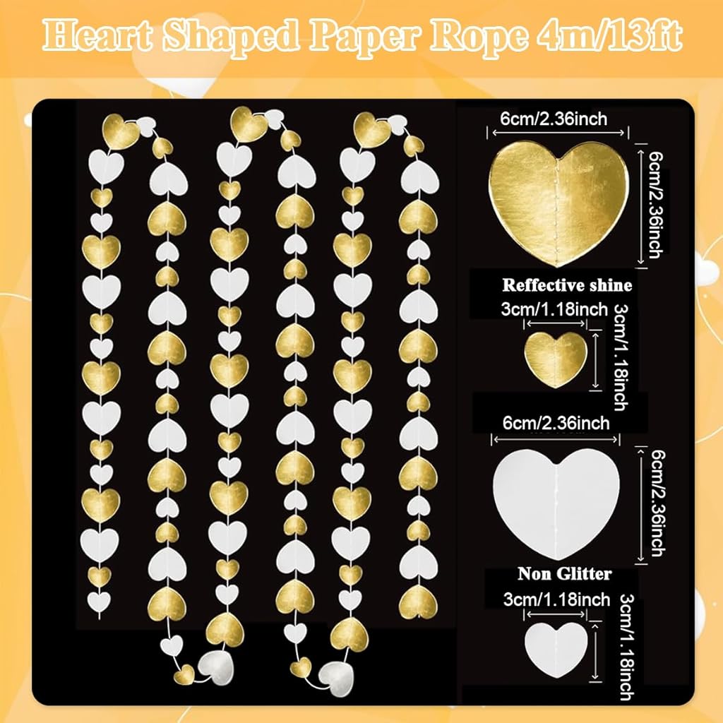 SNOWIE SOFT® White-Gold Champagne Party-Decorations, Heart Paper String Party Decorations For Wedding 4m/13ft  Heart Ring Wedding Paper Streamers Banner Gradient Banner Door Curtain Pendant